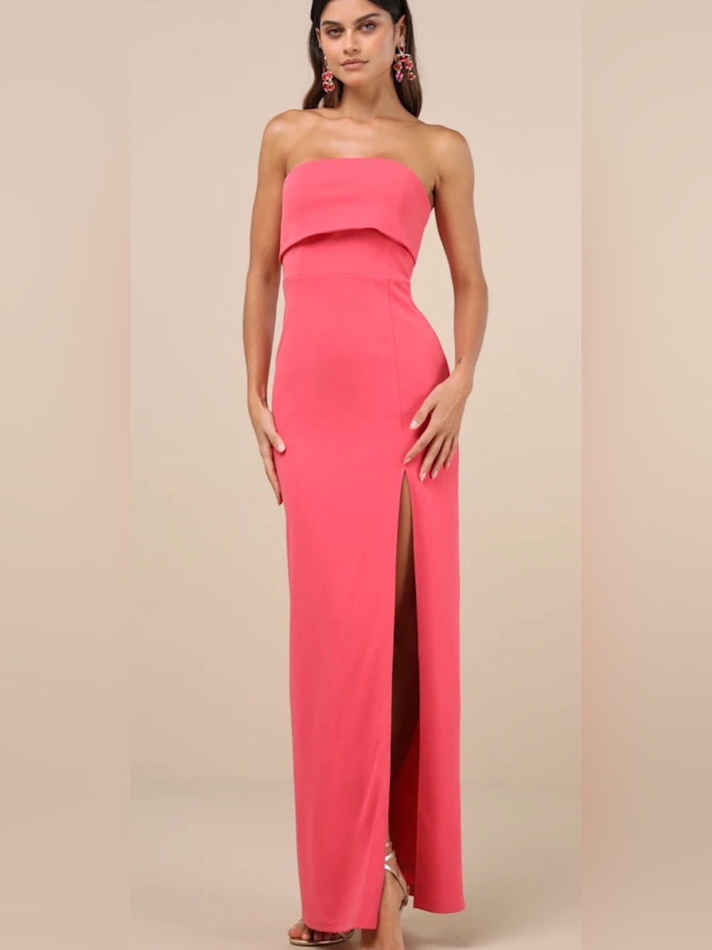 Lulu's Strapless Coral-Pink Column Gown with Thigh Slit never worn